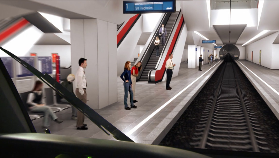 Ein Entwurf für einen zukünftigen Bahnsteig am Hauptbahnhof mit Rolltreppen im Hintergrund.