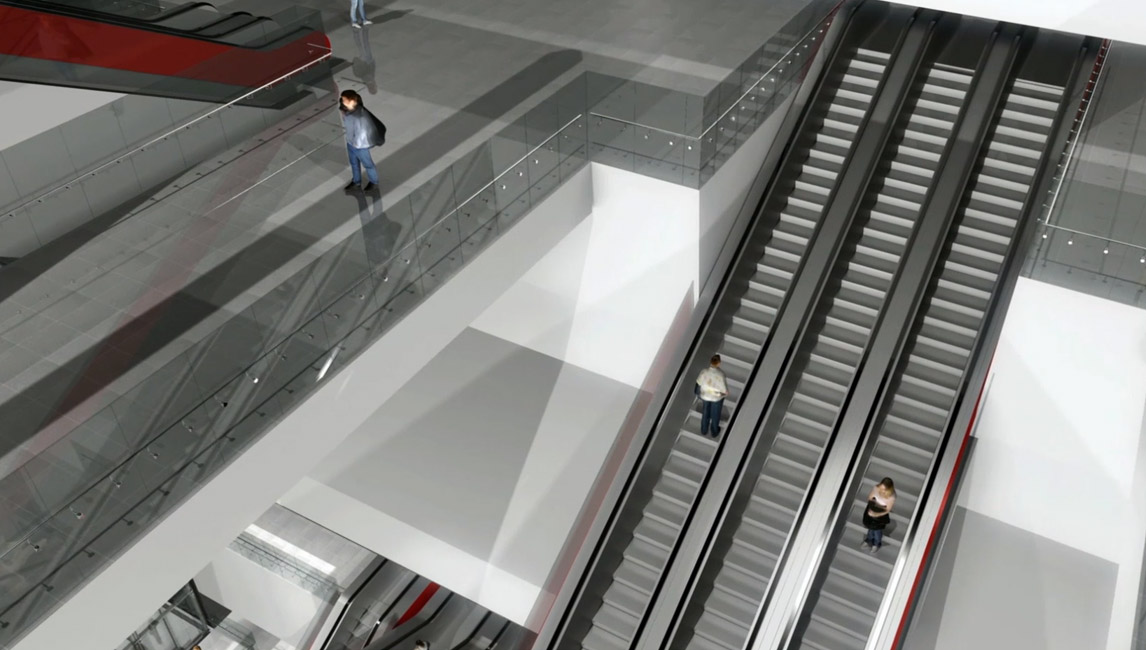 Ein Entwurf für zukünftige Rolltreppen am Hauptbahnhof. Drei Rolltreppen führen nebeneinander von Ebene zu Ebene.