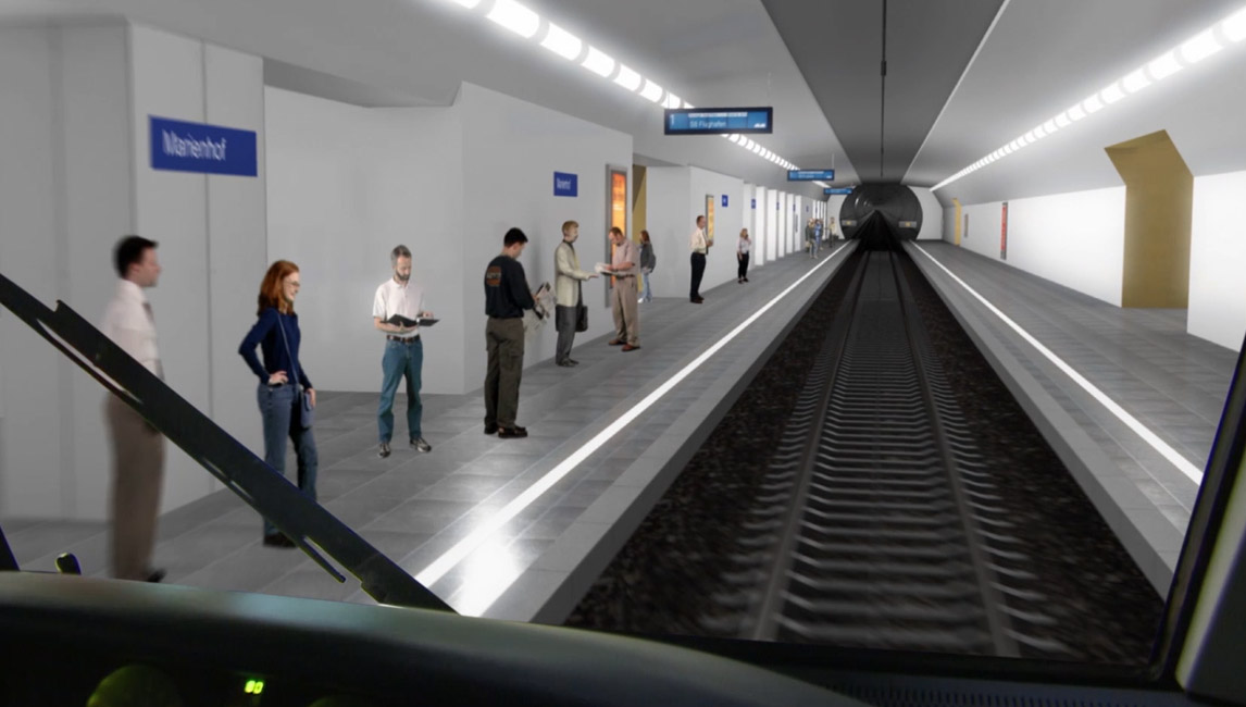Ein Entwurf eines zukünftigen, unterirdischen Bahnsteiges am Marienhof. Die Gleise führen in einen Tunnel.