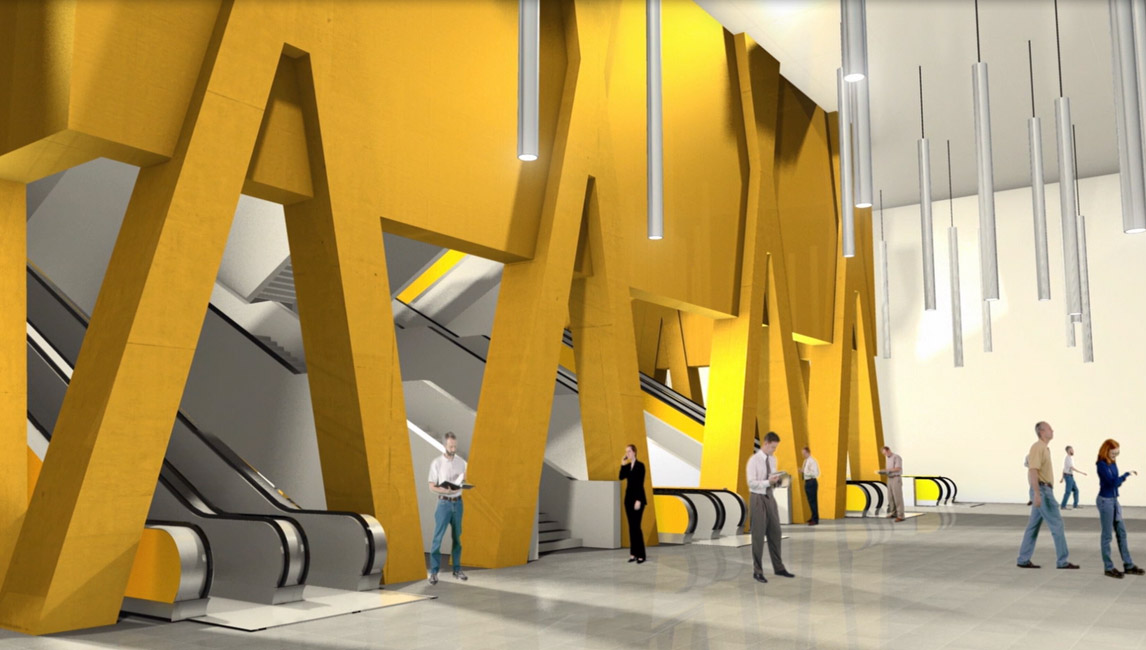 Ein Entwurf für den zukünftigen Zugang zur Station Marienhof. Der Eingang zur Station erfolgt über Rolltreppen und Treppen und er ist mit großen gelben Verzierungen verkleidet.