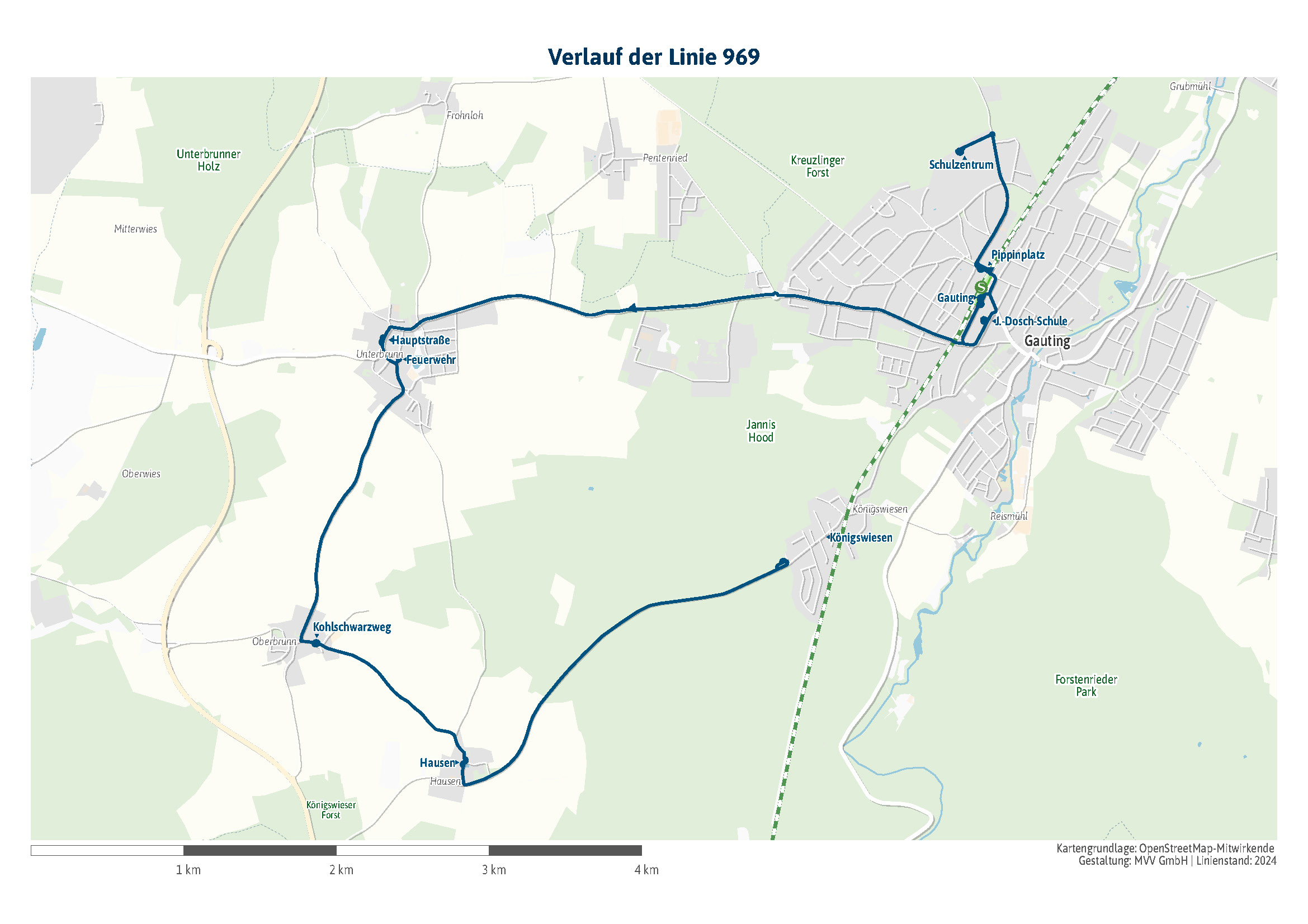 Karte Verlauf der MVV-Regionalbuslinie 969
