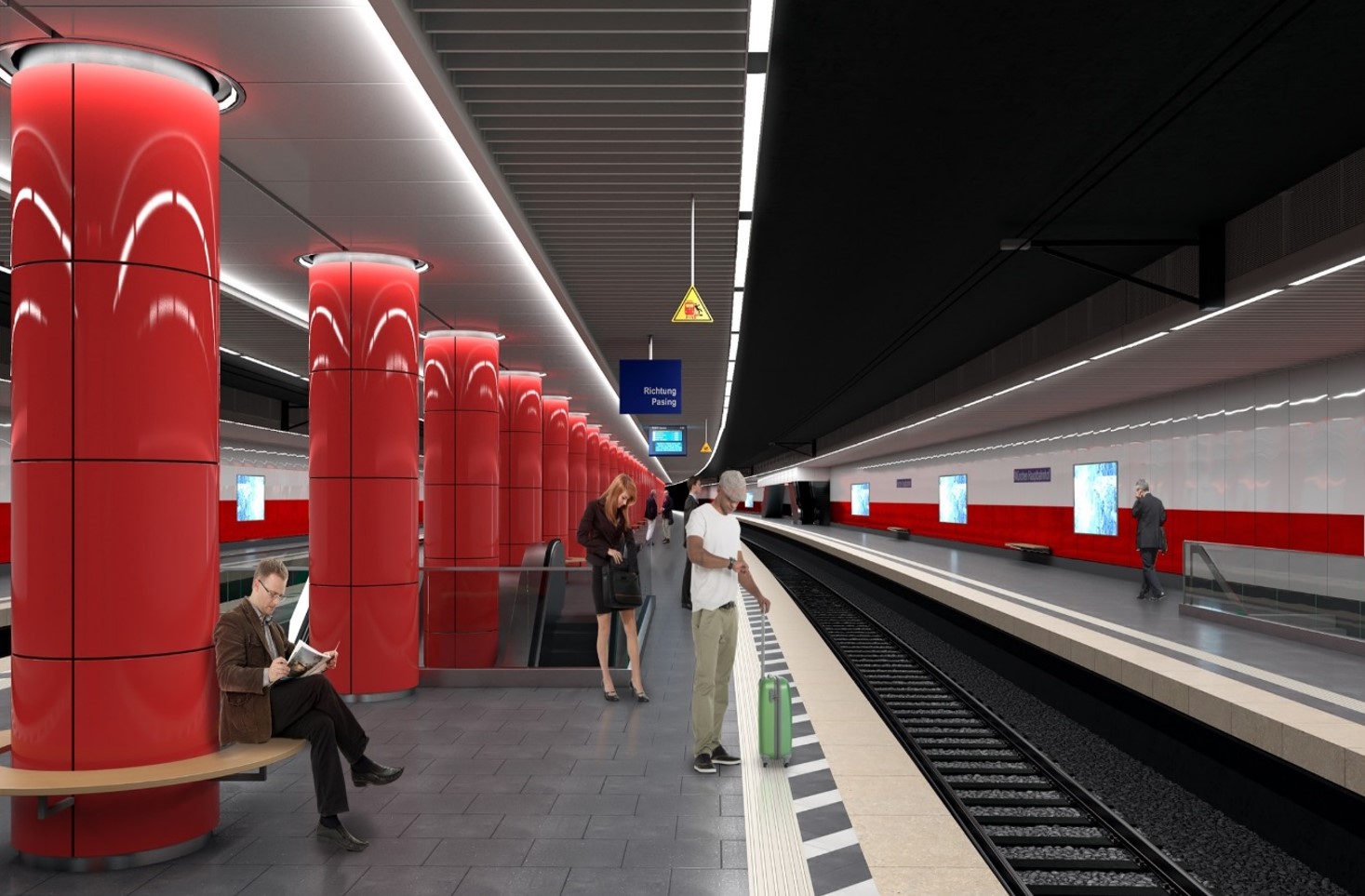 Ein Entwurf für einen zukünftigen, unterirdischen Bahnsteig mit roten Säulen, um die Sitzgelegenheiten gebaut sind.