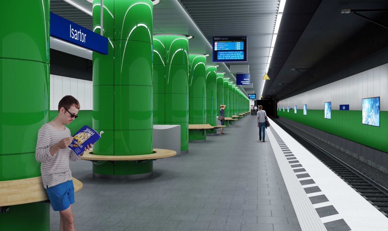 Ein Entwurf eines zukünftigen, unterirdischen Bahnsteigs mit grünen Säulen, um die Sitzgelegenheiten gebaut sind.