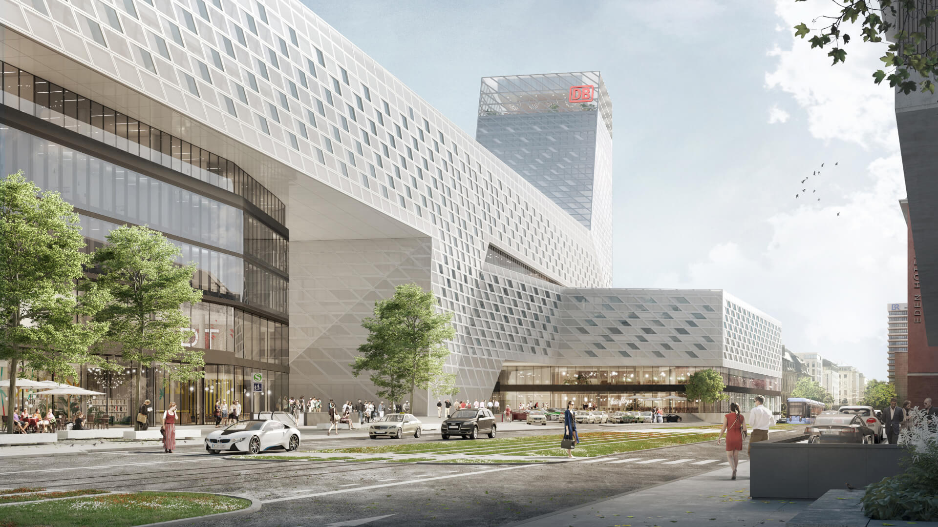 Der Entwurf für das zukünftige Gebäude des Münchner Hauptbahnhofs mit verglasten Wänden.