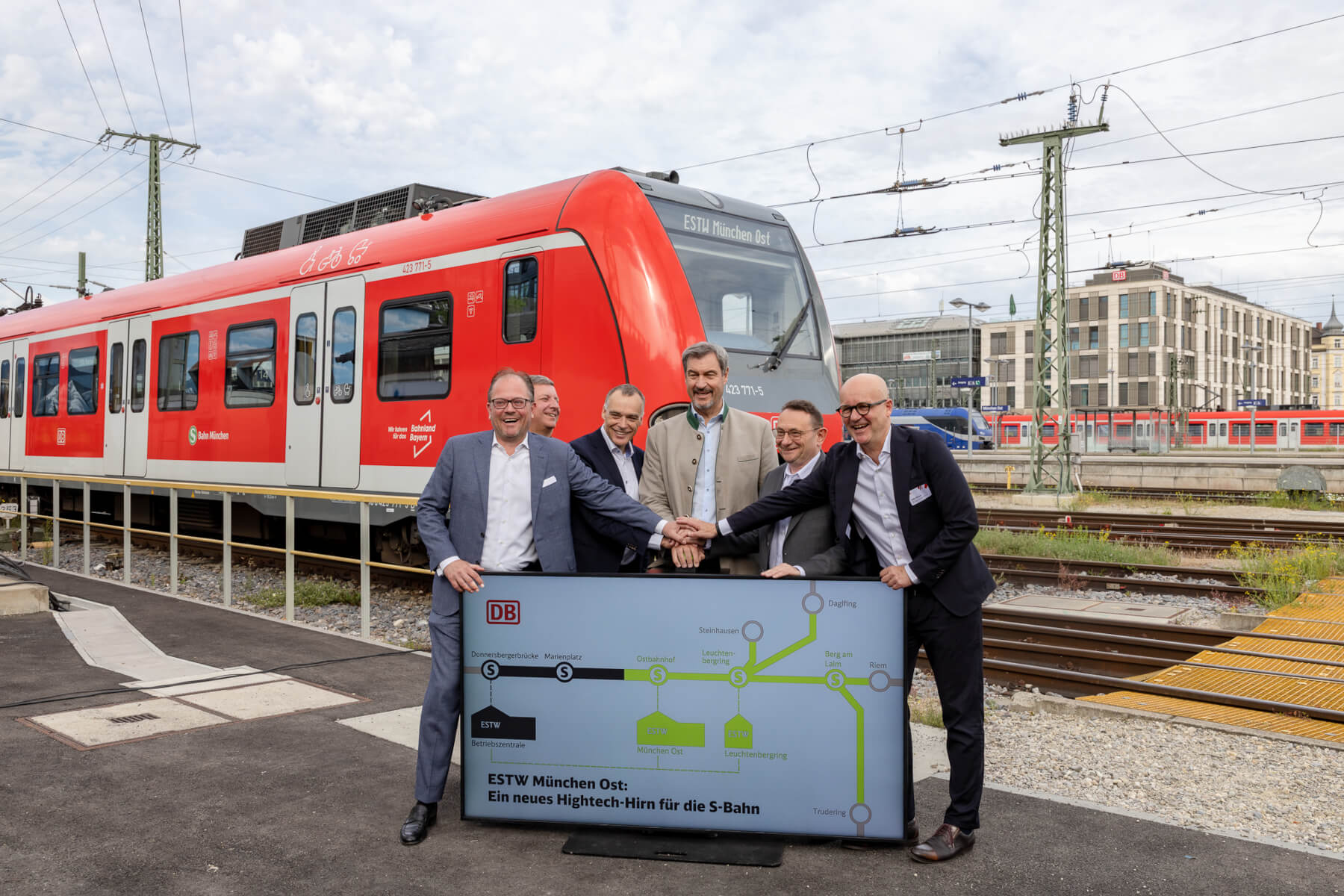 Sechs Männer stehen hinter einem Bildschirm und drücken einen Buzzer herunter. Im Hintergrund eine S-Bahn