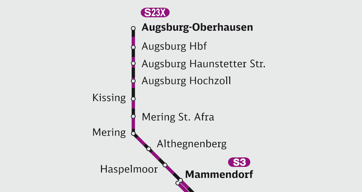 Ein Ausschnitt einer Streckennetzkarte der Strecke der S23X von Augsburg-Oberhausen bis Mammendorf