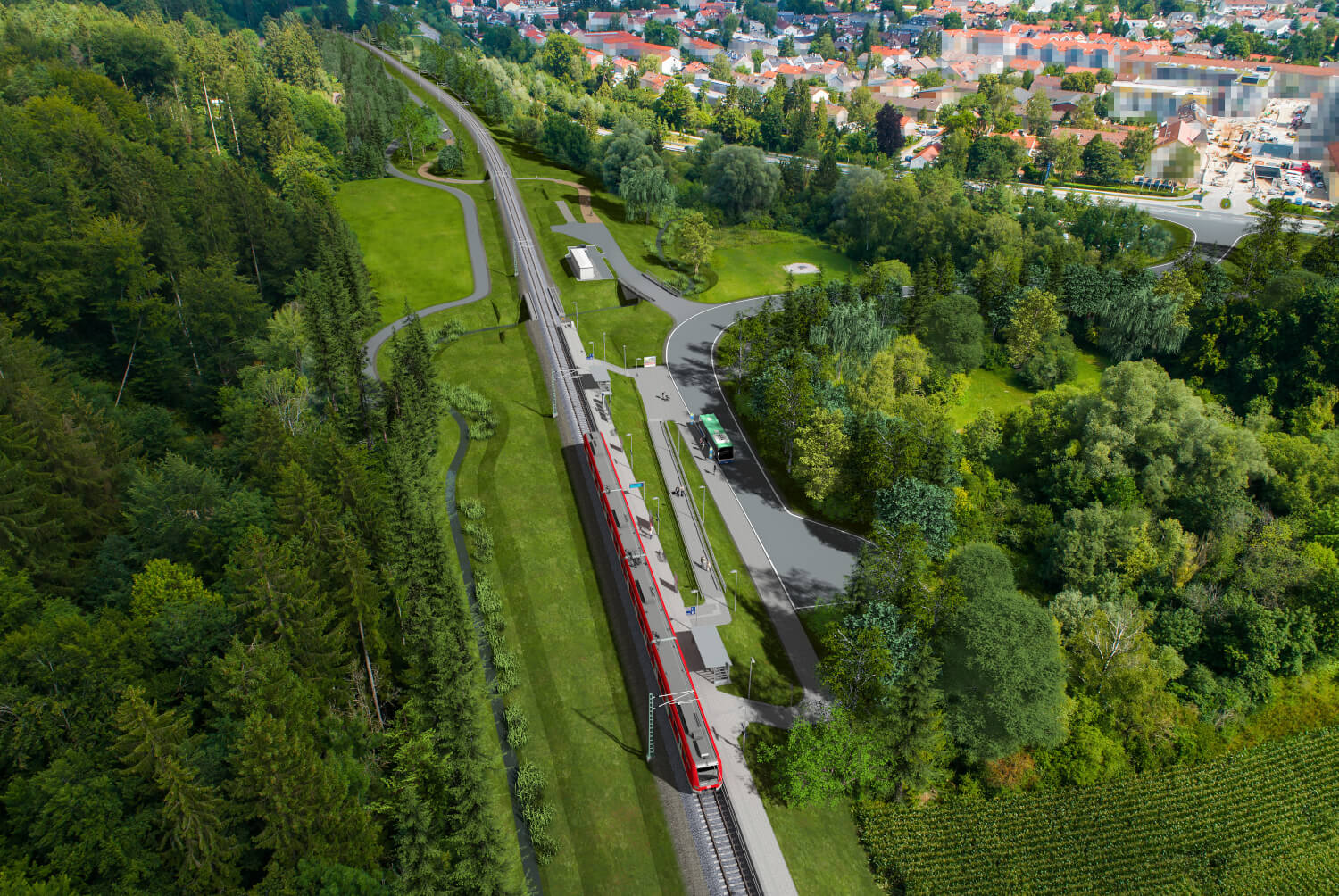 Visualisierung der zukünftigen S-Bahn-Station Geretsried mit zusätzlichen Zugangsrampen und Treppenaufgängen zum Bahnsteig.