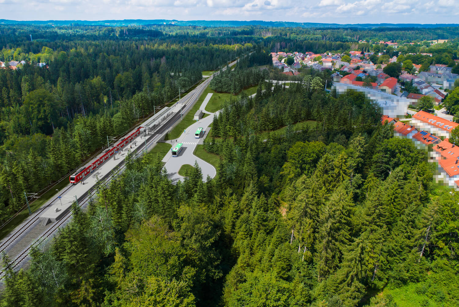 Visualisierung der zukünftigen S-Bahn-Station Geretsried Süd mit neuem Mittelbahnsteig und Wendehammer.
