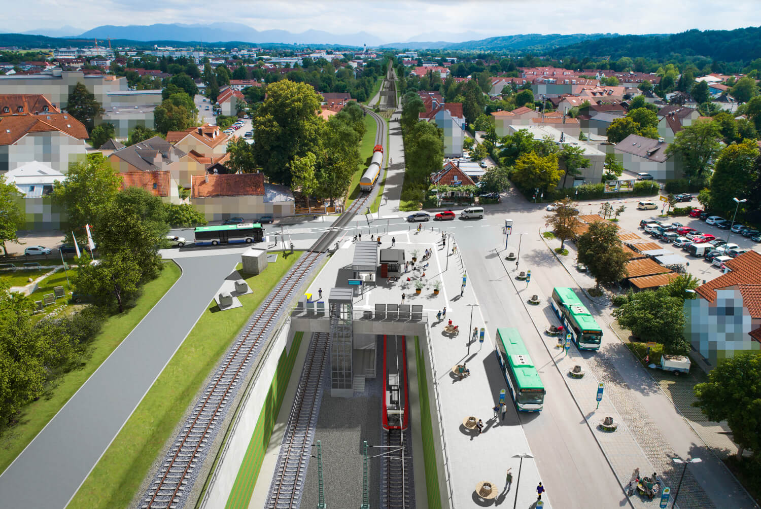 Der Entwurf des zukünftigen tiefergelegten Bahnübergangs Sauerlacher Straße in Wolfratshausen mit Wohnhäusern im Hintergrund.
