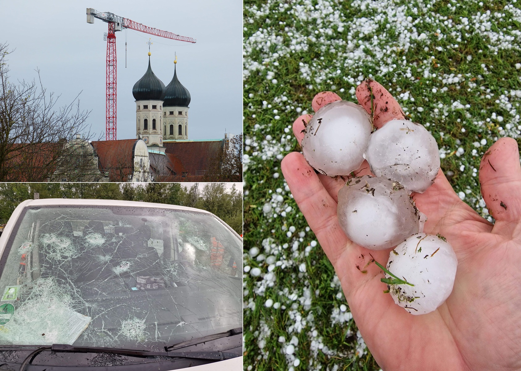 Collage: Autos und Gebäude, die von Hagelkörnern beschädigt wurden sowie Hand mit großen Hagelkörnern.