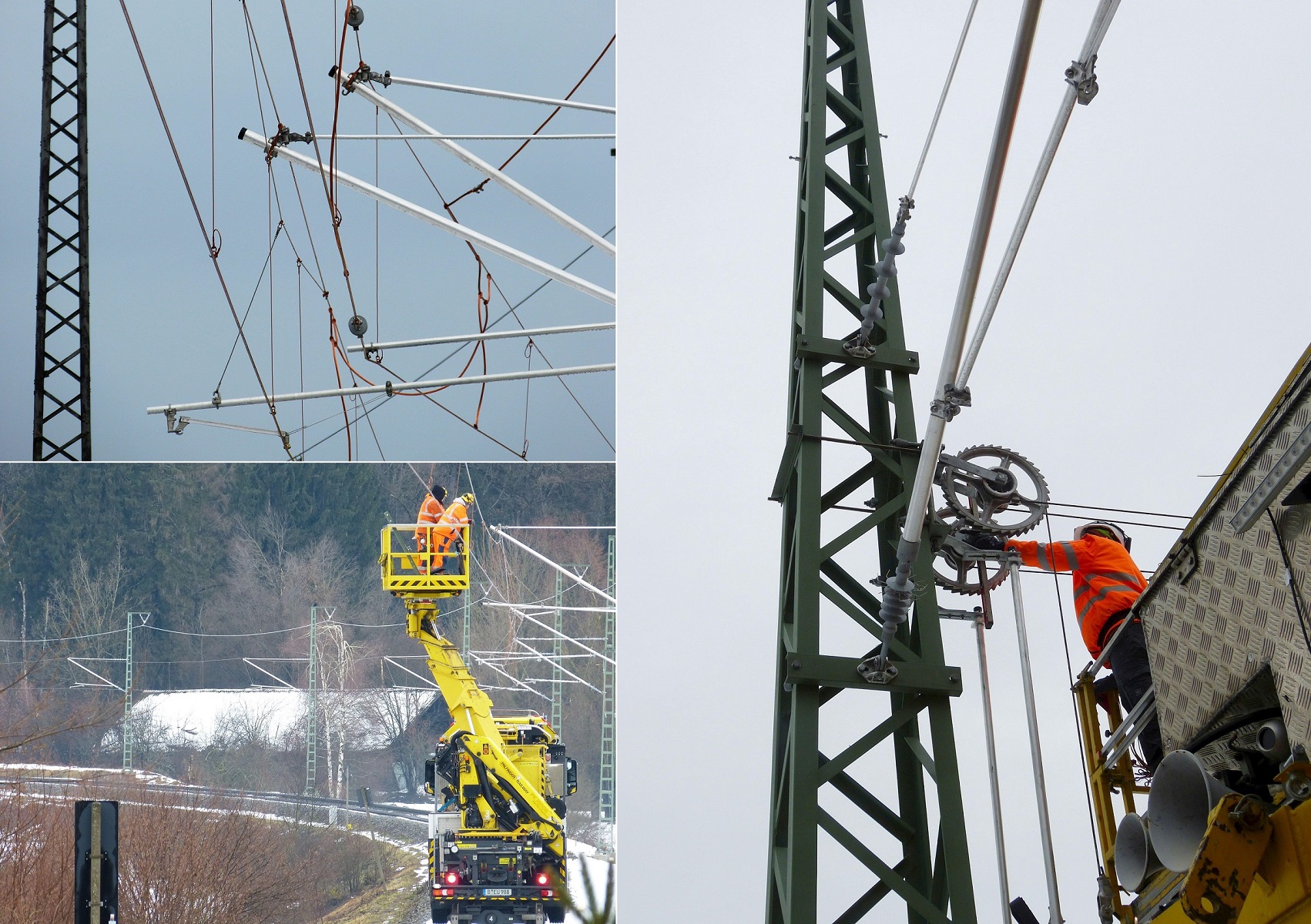 Collage, in der Fachpersonal an Oberleitungen und Masten arbeitet.