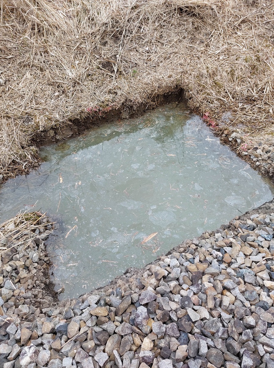 Hochanstehendes Schichtenwasser in einem ausgehobenen Loch.