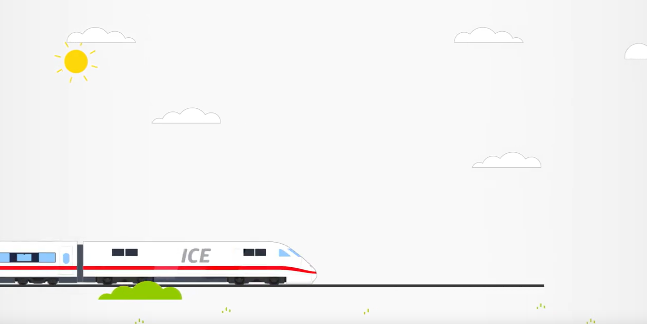 Eine Visualisierung eines ICE, der auf einer Strecke fährt während die Sonne scheint.