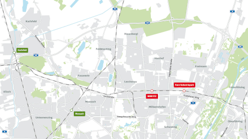 Eine Karte der Region rund um das BMW FIZ und des Industrieparks, auf der S-Bahn-Strecken gekennzeichnet sind.