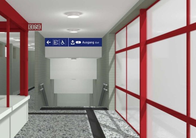Visualisierung Bahnhof München-Lochhausen, Blick vom Bahnsteig kommend in Richtung Ausgang und Aufzug.